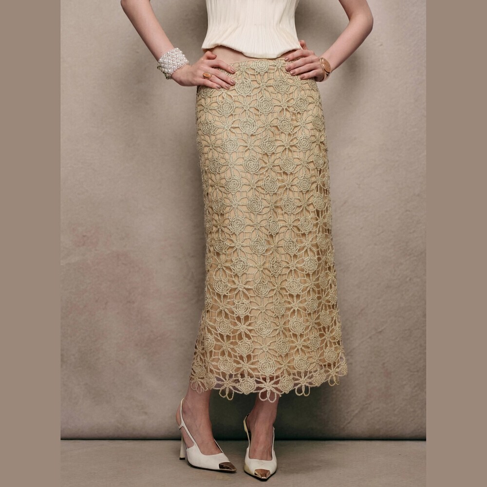 Tan Floral Crochet Lace Overlay Scalloped Hem Midi Skirt